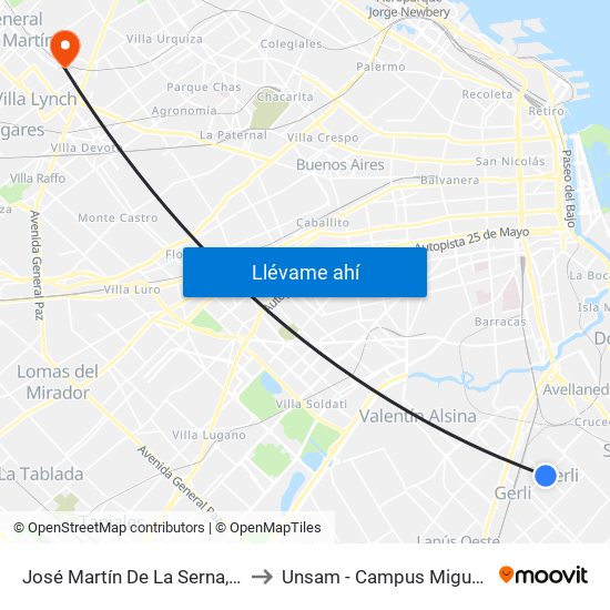 José Martín De La Serna, 922 to Unsam - Campus Miguelete map