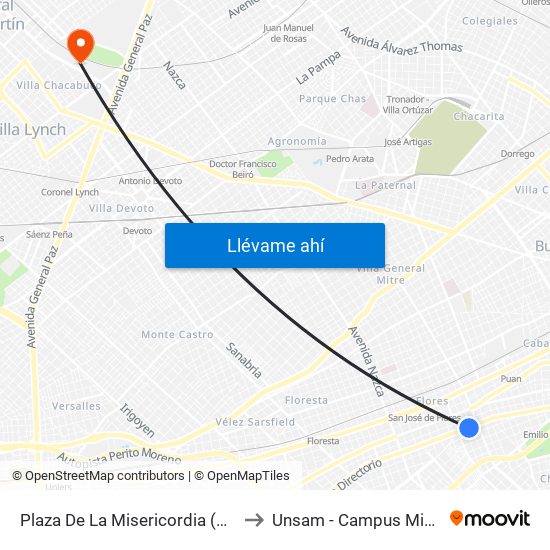 Plaza De La Misericordia (88 - 126) to Unsam - Campus Miguelete map