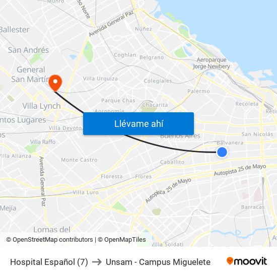 Hospital Español (7) to Unsam - Campus Miguelete map