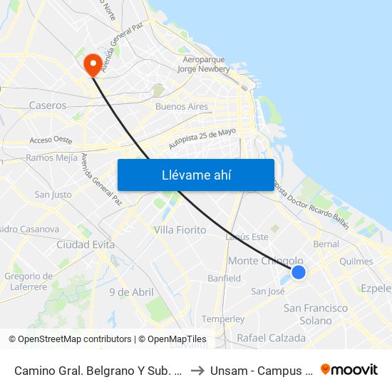 Camino Gral. Belgrano Y Sub. Roque Cisterna to Unsam - Campus Miguelete map