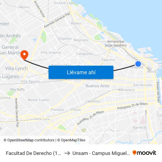 Facultad De Derecho (124) to Unsam - Campus Miguelete map