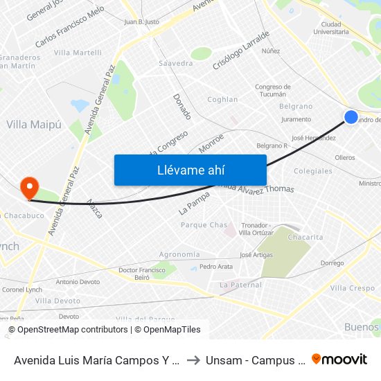 Avenida Luis María Campos Y Zabala (15 - 29) to Unsam - Campus Miguelete map
