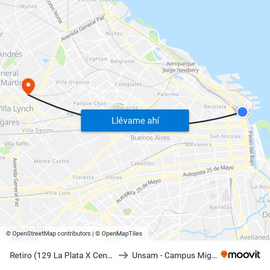 Retiro (129 La Plata X Centenario) to Unsam - Campus Miguelete map