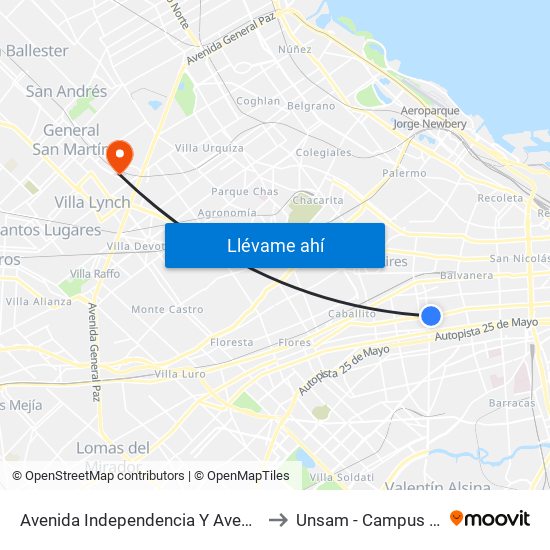 Avenida Independencia Y Avenida Boedo (96) to Unsam - Campus Miguelete map