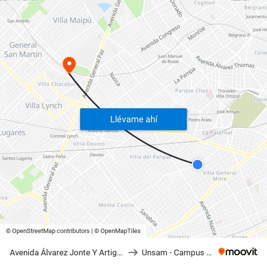 Avenida Álvarez Jonte Y Artigas (109 - 135) to Unsam - Campus Miguelete map