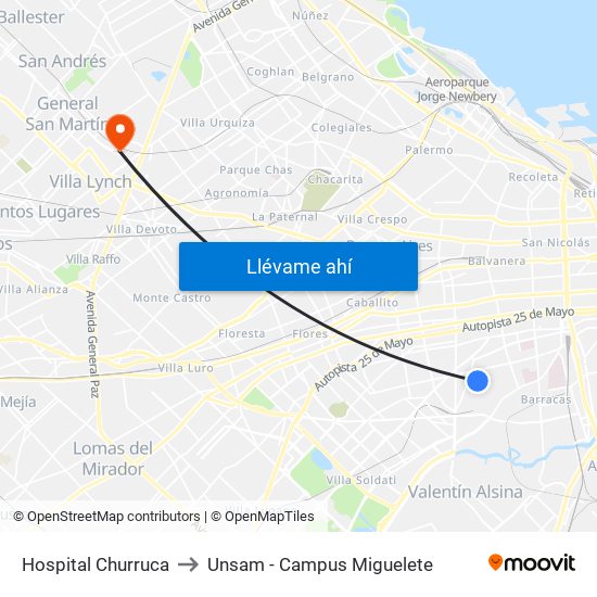 Hospital Churruca to Unsam - Campus Miguelete map