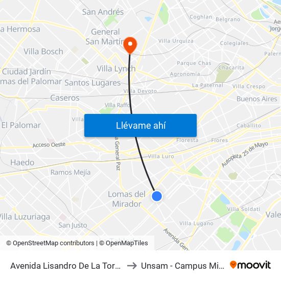 Avenida Lisandro De La Torre Y Rodó to Unsam - Campus Miguelete map