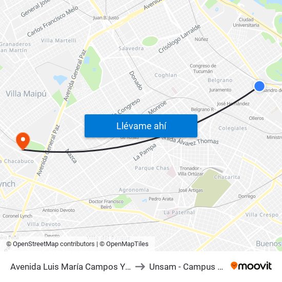 Avenida Luis María Campos Y Virrey Loreto to Unsam - Campus Miguelete map