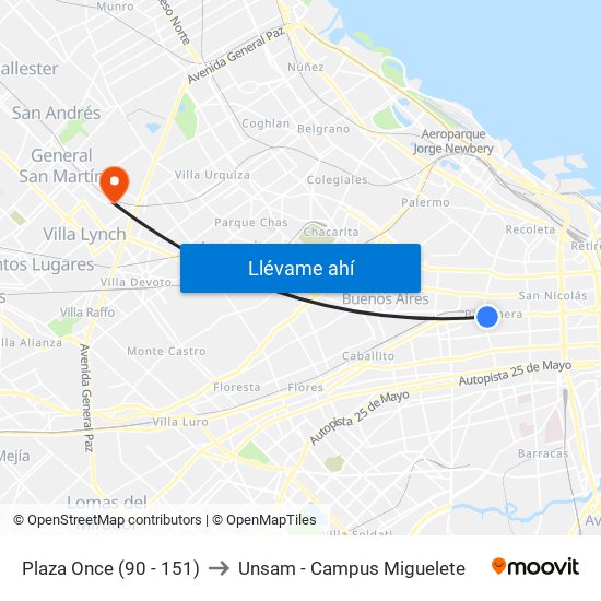 Plaza Once (90 - 151) to Unsam - Campus Miguelete map