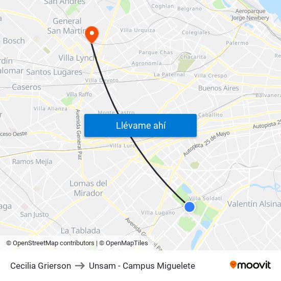 Cecilia Grierson to Unsam - Campus Miguelete map