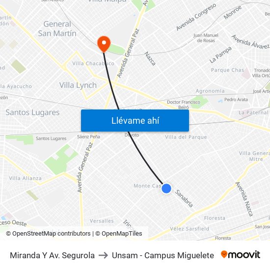 Miranda Y Av. Segurola to Unsam - Campus Miguelete map