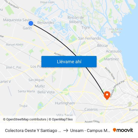 Colectora Oeste Y Santiago Del Estero to Unsam - Campus Miguelete map