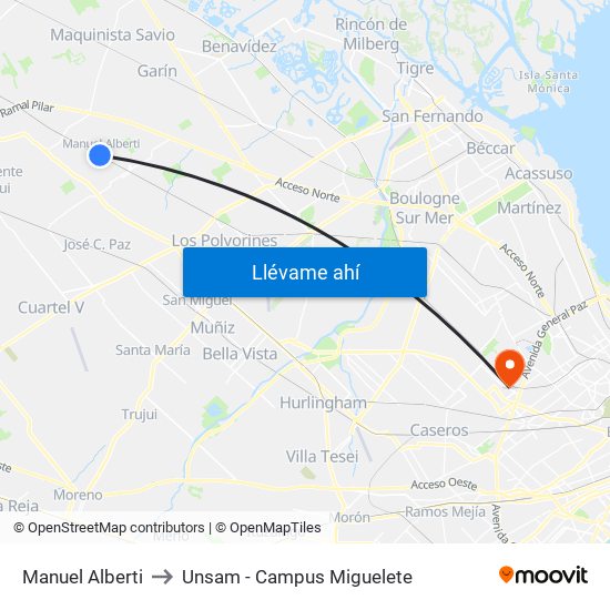 Manuel Alberti to Unsam - Campus Miguelete map