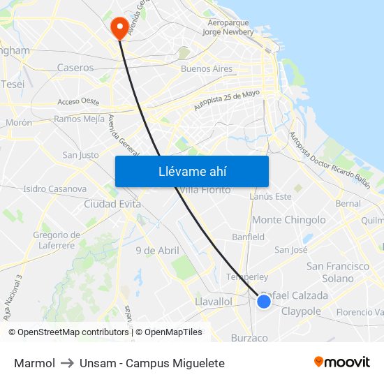 Marmol to Unsam - Campus Miguelete map