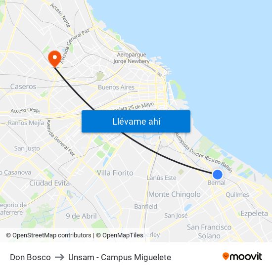 Don Bosco to Unsam - Campus Miguelete map