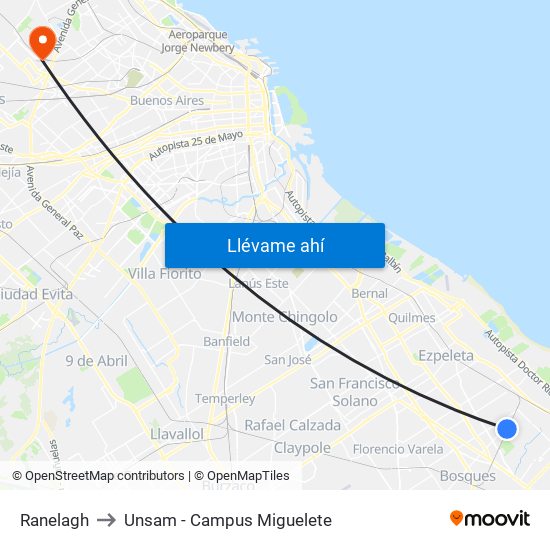 Ranelagh to Unsam - Campus Miguelete map