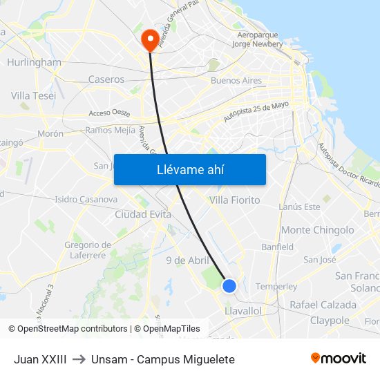 Juan XXIII to Unsam - Campus Miguelete map