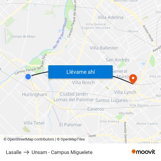 Lasalle to Unsam - Campus Miguelete map