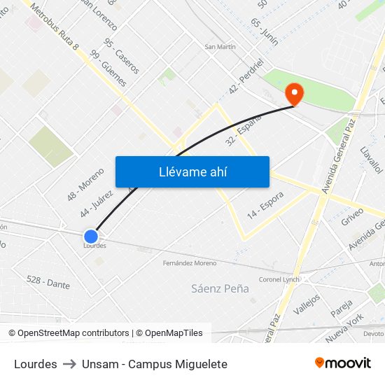 Lourdes to Unsam - Campus Miguelete map