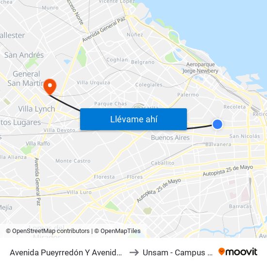 Avenida Pueyrredón Y Avenida Córdoba (41) to Unsam - Campus Miguelete map