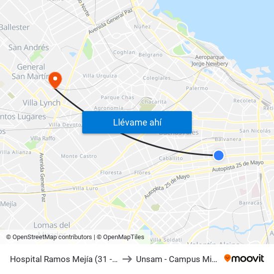 Hospital Ramos Mejía (31 - 32 - 41) to Unsam - Campus Miguelete map