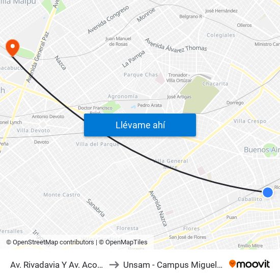 Av. Rivadavia Y Av. Acoyte to Unsam - Campus Miguelete map