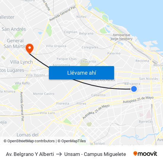 Av. Belgrano Y Alberti to Unsam - Campus Miguelete map