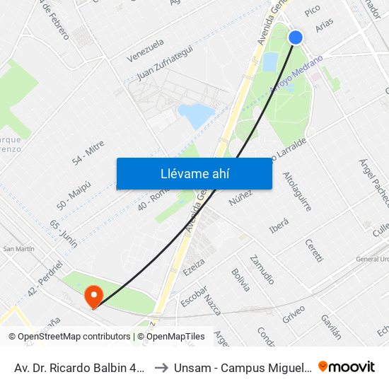 Av. Dr. Ricardo Balbin 4750 to Unsam - Campus Miguelete map