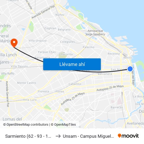 Sarmiento (62 - 93 - 130) to Unsam - Campus Miguelete map