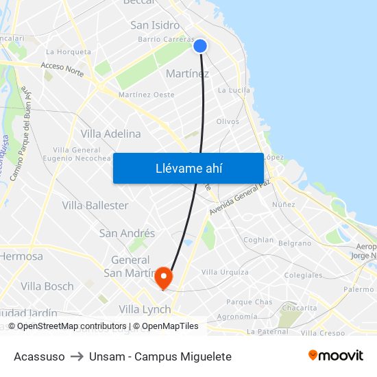 Acassuso to Unsam - Campus Miguelete map