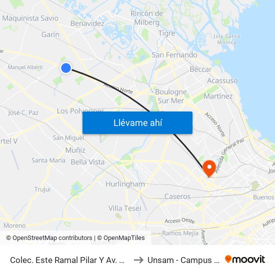 Colec. Este Ramal Pilar Y Av. Olivos - Car One to Unsam - Campus Miguelete map