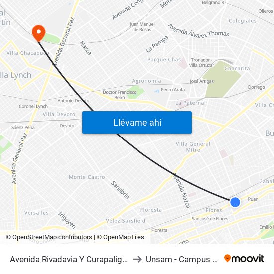 Avenida Rivadavia Y Curapaligüe (136 - 163) to Unsam - Campus Miguelete map