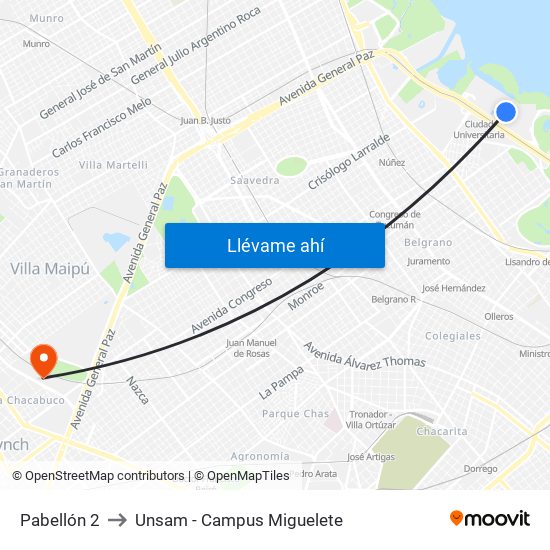 Pabellón 2 to Unsam - Campus Miguelete map