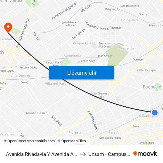 Avenida Rivadavia Y Avenida Acoyte (2 - 8 - 86) to Unsam - Campus Miguelete map