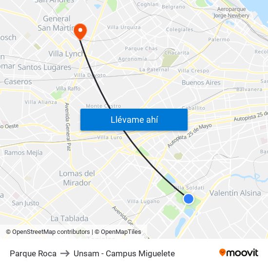 Parque Roca to Unsam - Campus Miguelete map