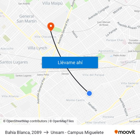 Bahía Blanca, 2089 to Unsam - Campus Miguelete map