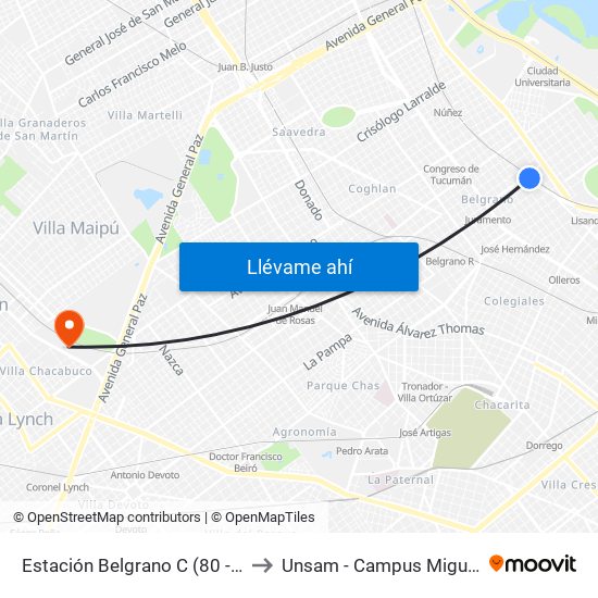 Estación Belgrano C (80 - 114) to Unsam - Campus Miguelete map