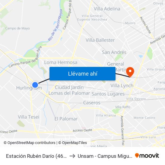 Estación Rubén Darío (463 R2) to Unsam - Campus Miguelete map