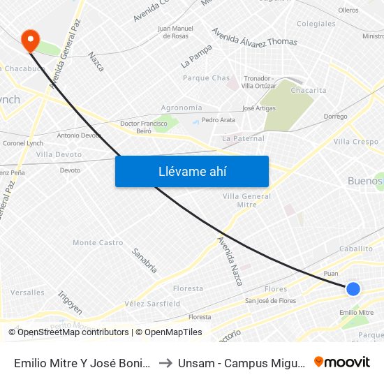 Emilio Mitre Y José Bonifacio to Unsam - Campus Miguelete map