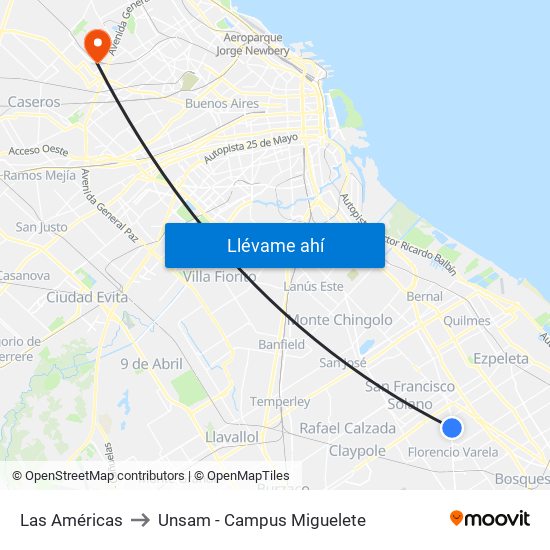 Las Américas to Unsam - Campus Miguelete map