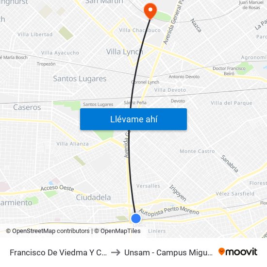 Francisco De Viedma Y Cuzco to Unsam - Campus Miguelete map