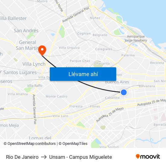 Rio De Janeiro to Unsam - Campus Miguelete map