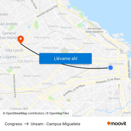 Congreso to Unsam - Campus Miguelete map