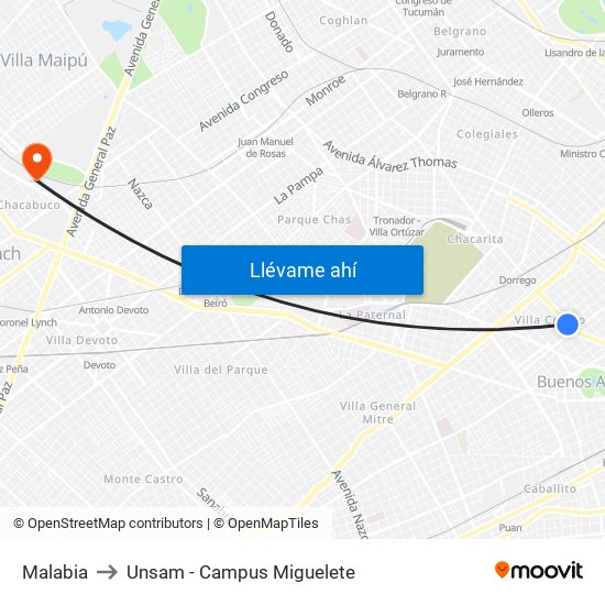 Malabia to Unsam - Campus Miguelete map