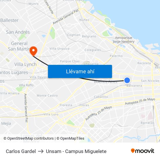 Carlos Gardel to Unsam - Campus Miguelete map