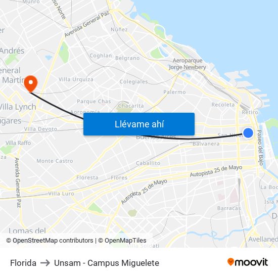 Florida to Unsam - Campus Miguelete map