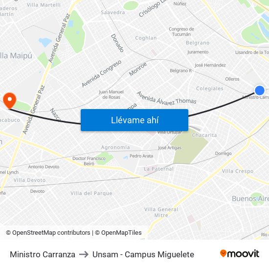 Ministro Carranza to Unsam - Campus Miguelete map