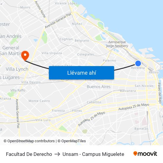 Facultad De Derecho to Unsam - Campus Miguelete map