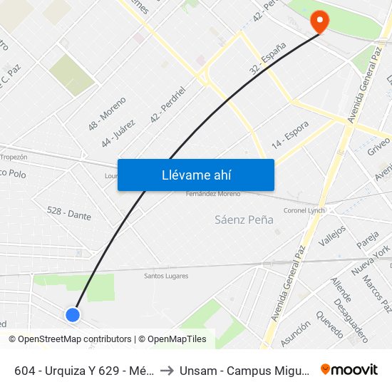 604 - Urquiza Y 629 - México to Unsam - Campus Miguelete map