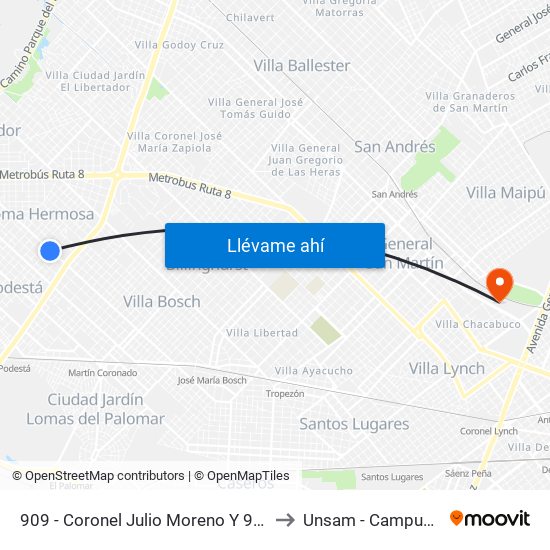 909 - Coronel Julio Moreno Y 938 - Gabino Ezeiza to Unsam - Campus Miguelete map